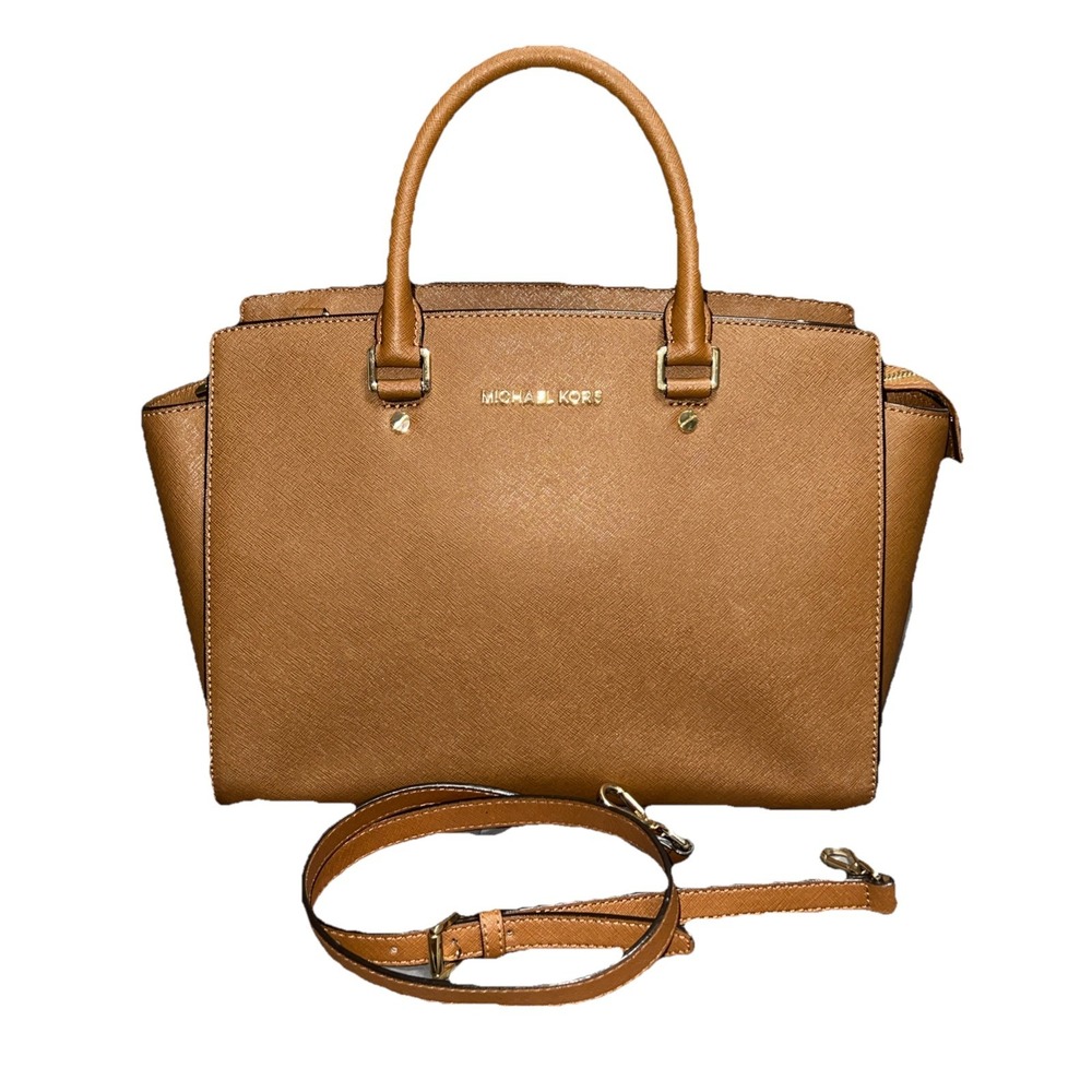 Michael Kors Selma Medium Satchel – Saffiano Leather Crossbody Strap Brown Acorn
